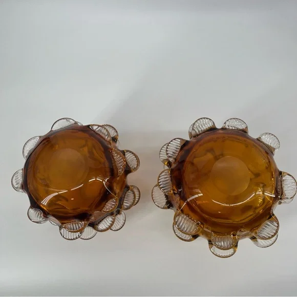 Vintage MCM Set‎ of 2 Amber Glass Vases with Textured Design 7” Tall Heavy